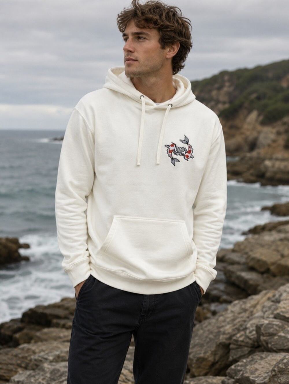 180Tide Koi Fish Men’s Hoodie Sz M Cream Embroidered NEW Coastal Beach Surf